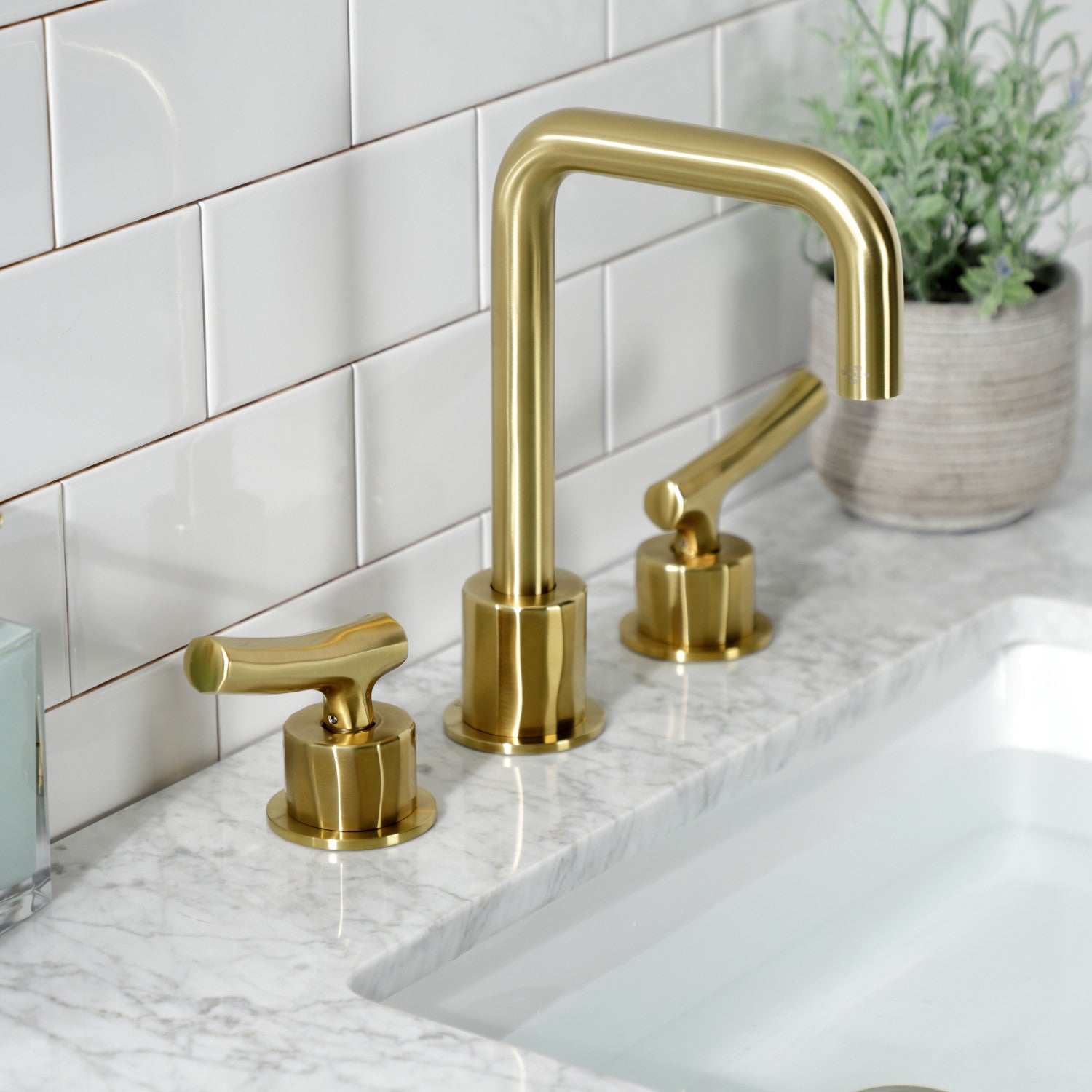Kingston Sona KS1457TKL - Hallerbos Two-Handle 3-Hole Deck Mount Widespread Bathroom Faucet with Push Pop-Up Drain, Brushed Brass — thumbnail 3